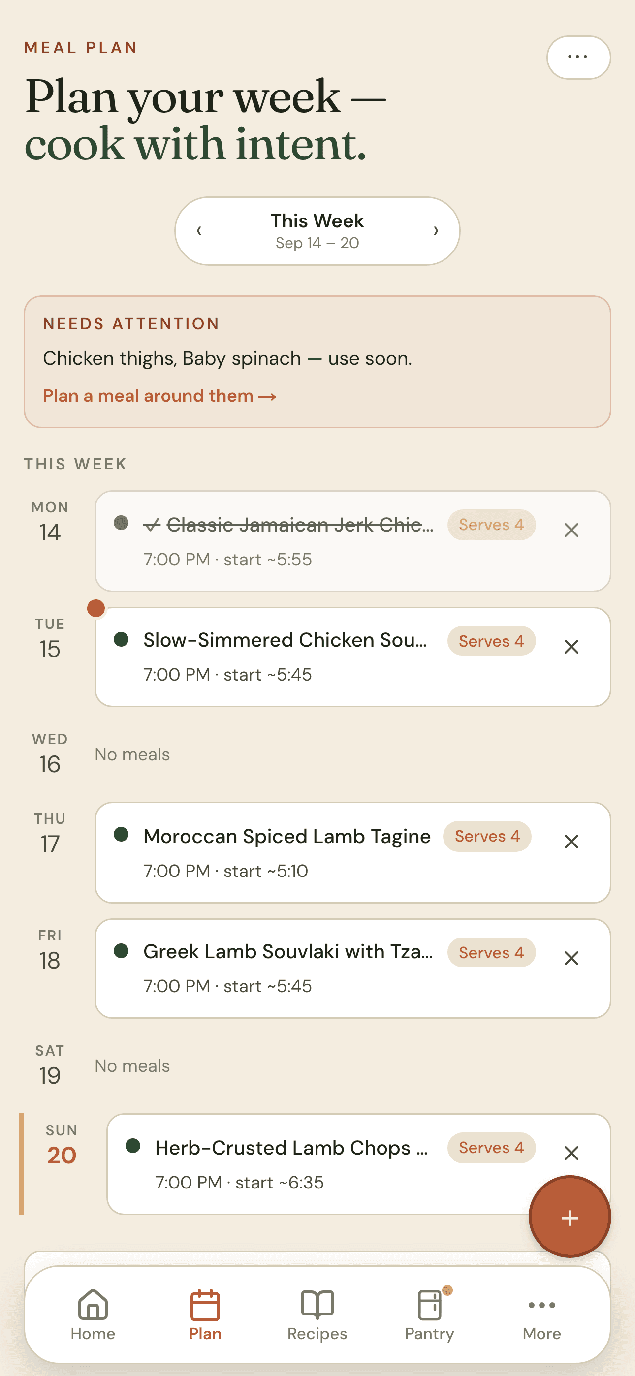 The week, with meals on their days