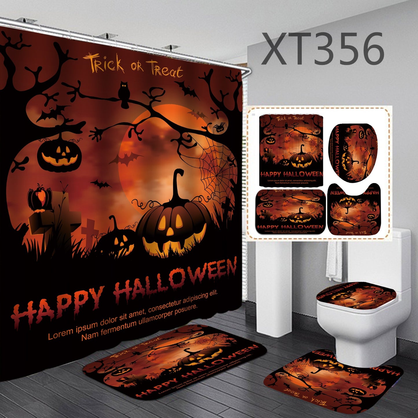 Halloween shower curtain four-piece set.